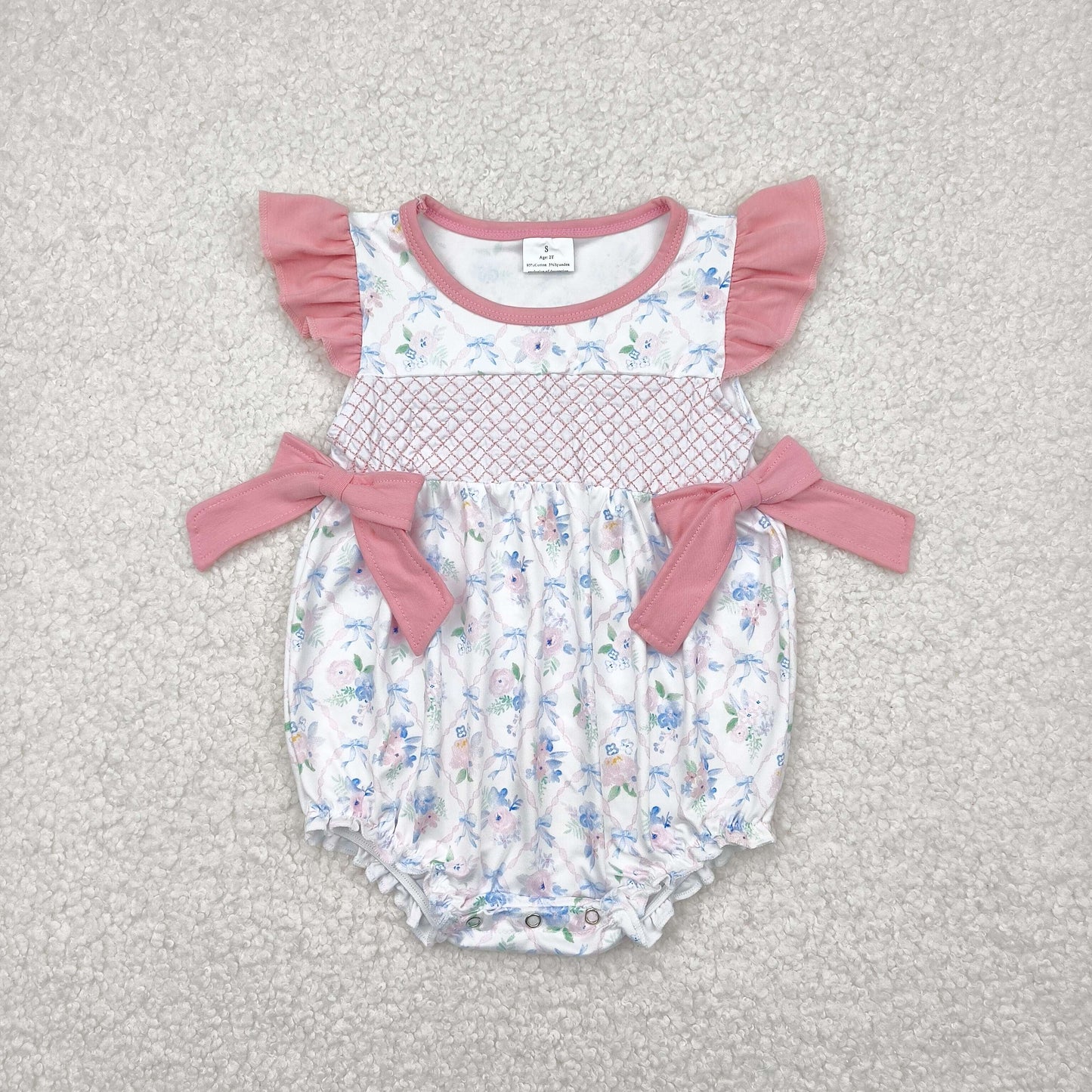 Baby Girl Infant Short Sleeves Embroidery Checked Blue Bows Floral Bubble Romper RTS