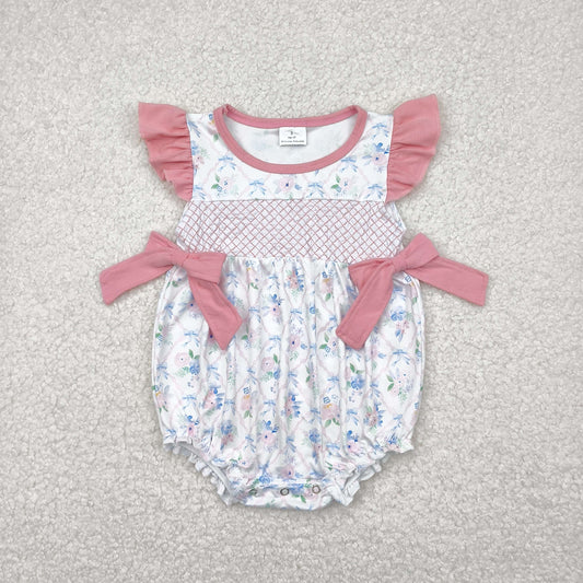Baby Girl Infant Short Sleeves Embroidery Checked Blue Bows Floral Bubble Romper RTS