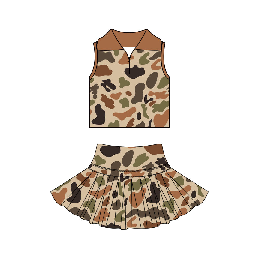 ( Moq 5 ) Preorder Baby Girls Kids Sleeveless Zipper Camo Shirt Skirt Shorts Yoga Brown Set
