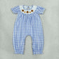 Sibling Baby Girls Kids Embroidery turkey Pumpkins Blue Plaid Thanksgiving Romper Dress Clothes RTS