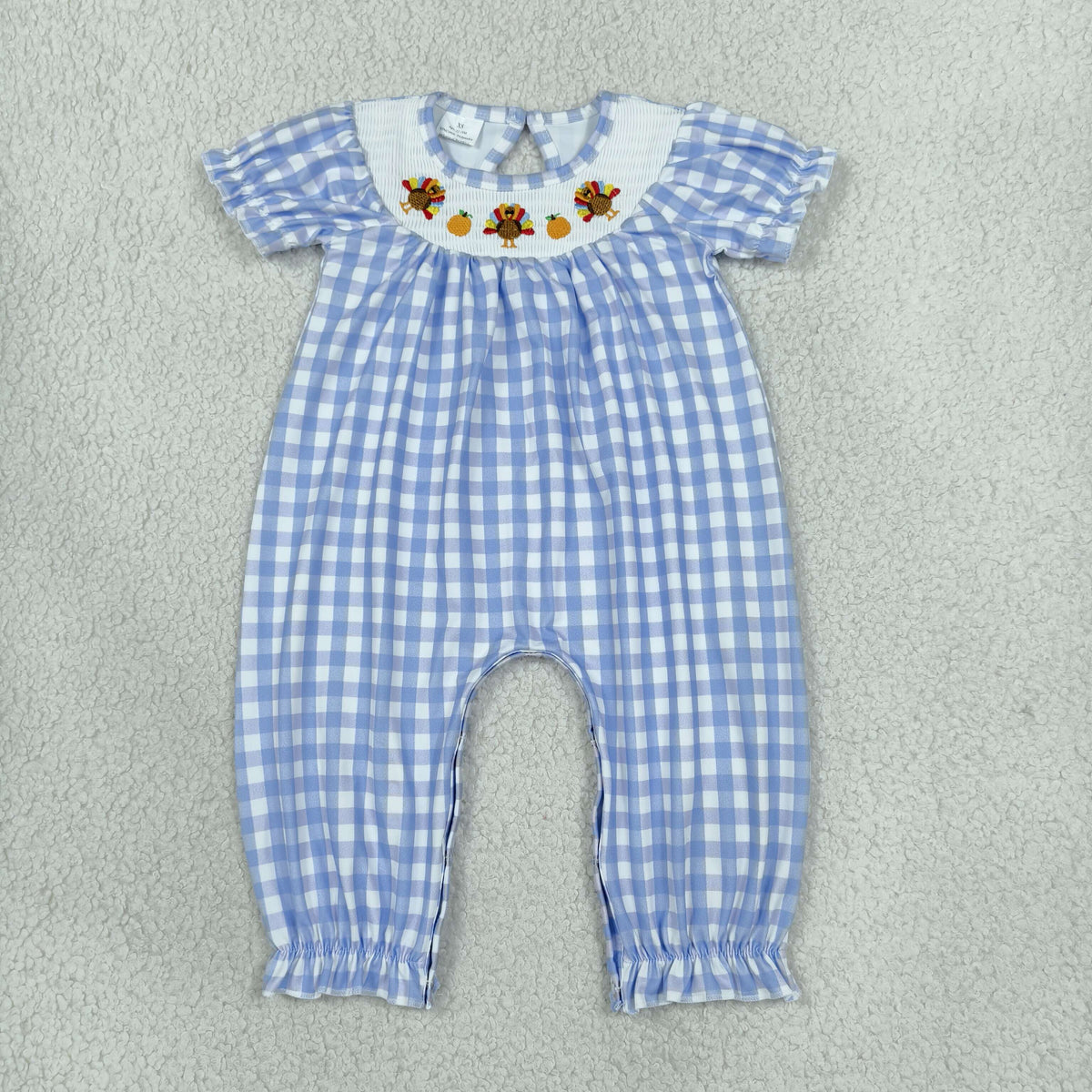 Baby Girls Infant Short Sleeves Embroidery turkey Pumpkins Blue Plaid Fall Romper RTS