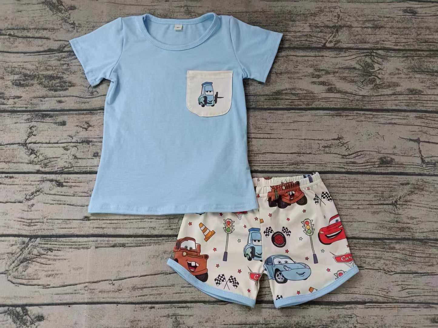 Moq 5 Baby Boy Short Sleeves Blue Shirt Car Shorts Set