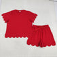 Adult Women Red Short Sleeves Scallop Shirt Shorts Pajamas Clothes Set RTS