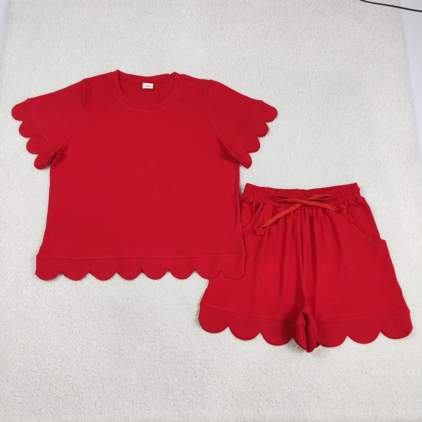 Adult Women Red Short Sleeves Scallop Shirt Shorts Pajamas Clothes Set RTS