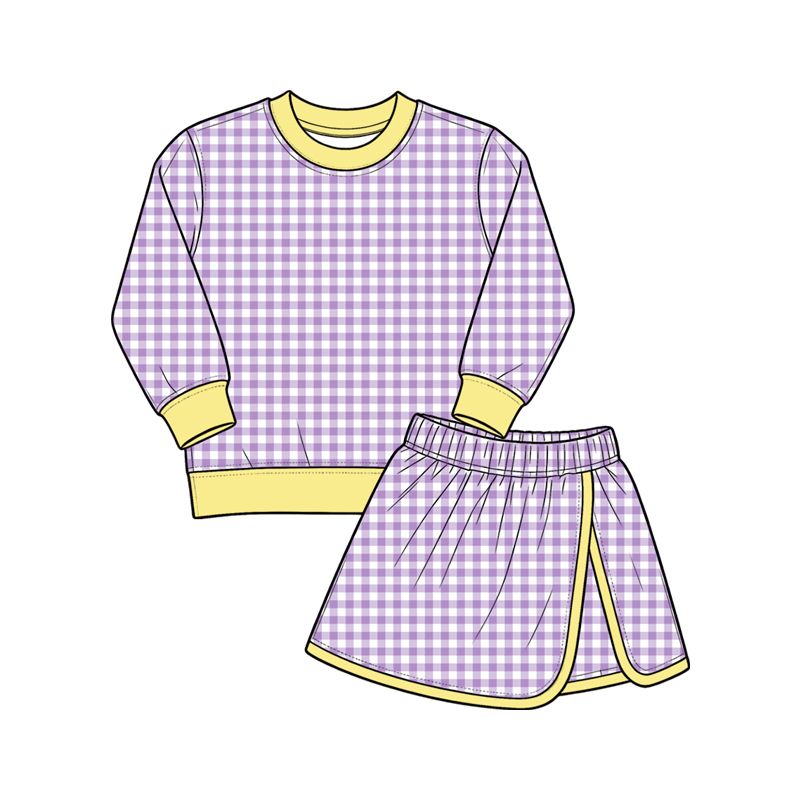 ( Moq 5 ) Preorder Baby Girls Kids Long Sleeves Purple Plaid Shirt Skirt Shorts Set Yoga Active Clothes