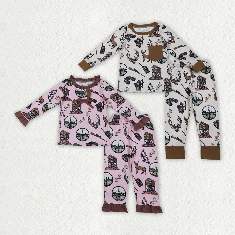 Sibling Baby Boys Girls Kids Long Sleeves Deer Dogs Hunting Shirt Pants Pajamas Sets RTS