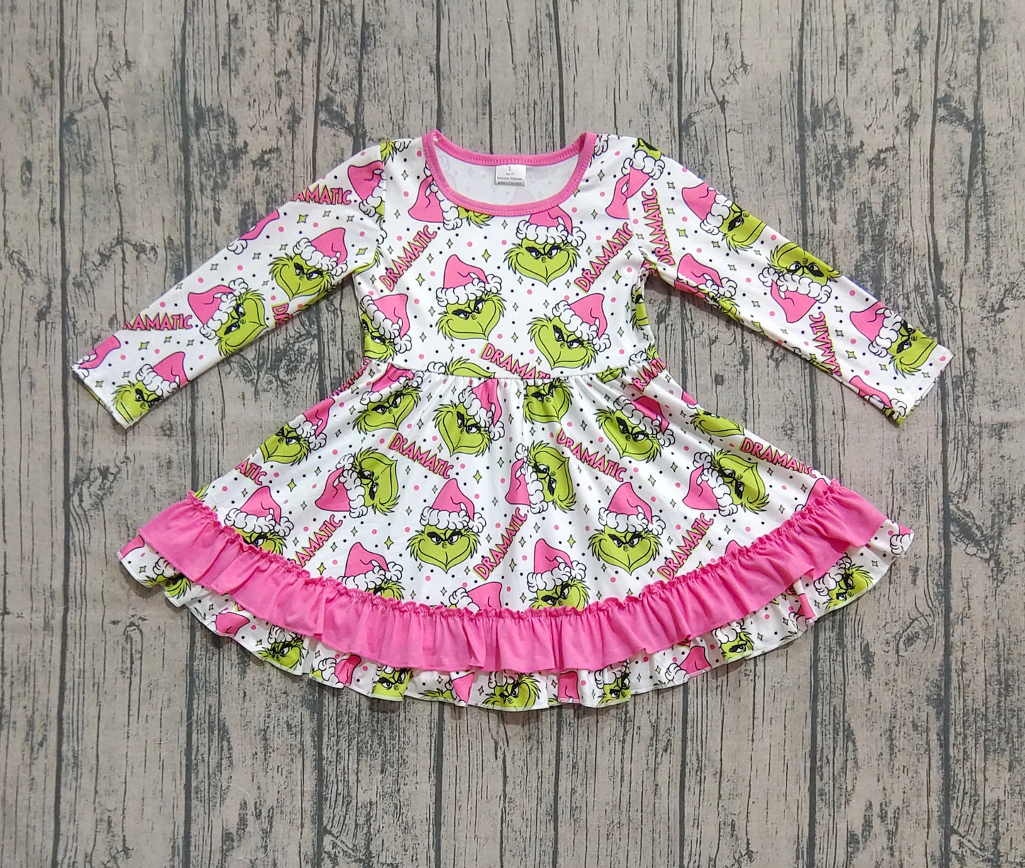 Baby Girl Long Sleeves Green Face Pink Ruffle Christmas Knee Length Dress RTS