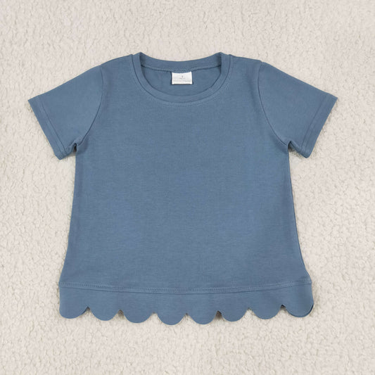 Baby Girls Kids Short Sleeves Scalloped Blue Shirt Tops Cotton Clothes RTS