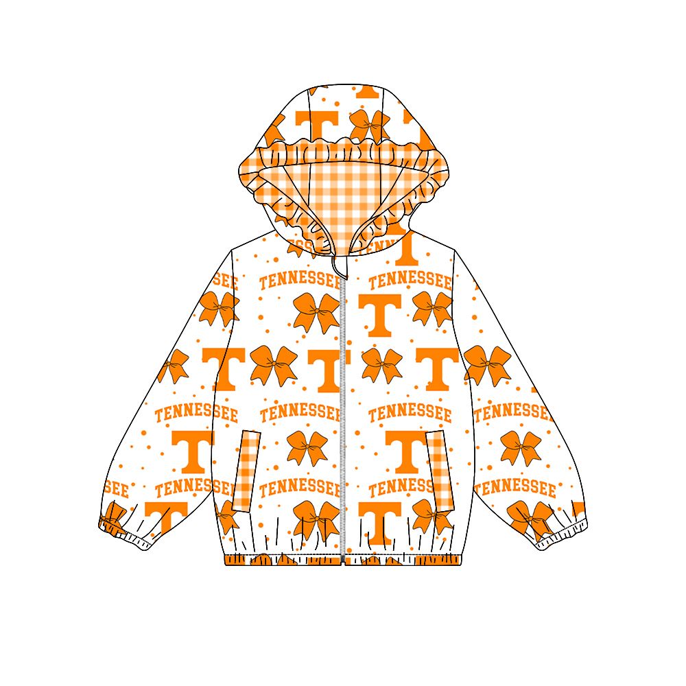 ( Moq 5 ) Preorder Baby Girl Kids Orange Bows Pockets Zipper Ruffle Hoodie Jacket Coat Team Tops