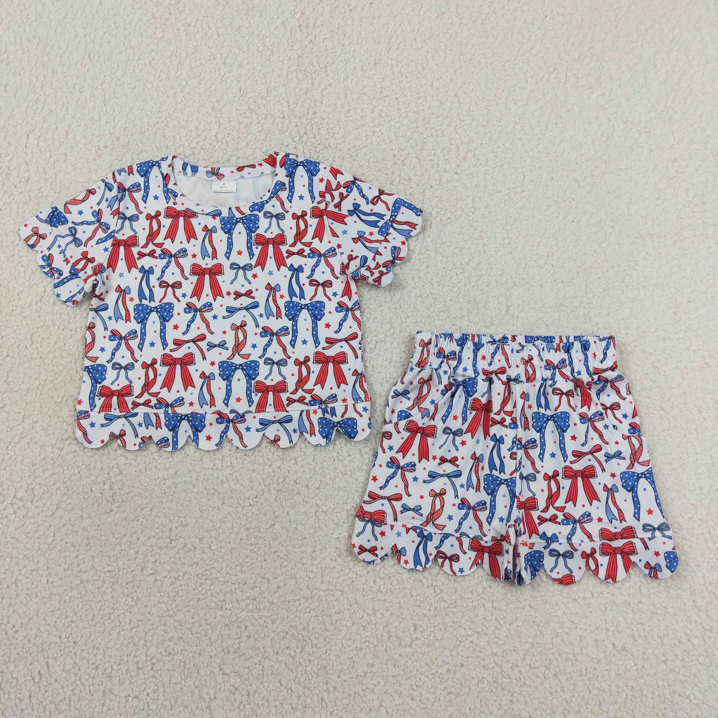 Baby Girls Toddler Bows Stars Shirt Scallop Pockets Shorts 4th of July Set Clothes RTS