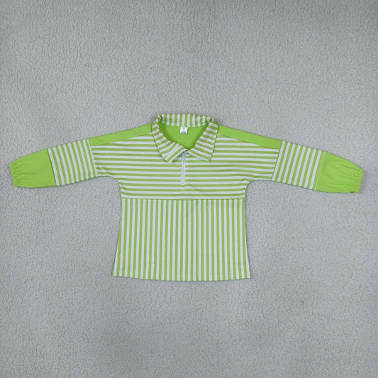 Baby Girls Kids Long Sleeves Green Stripes Zipper Pullover Yoga Active Shirt RTS