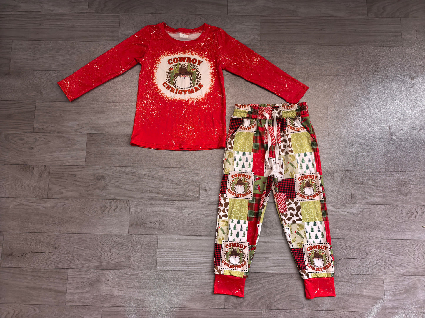 ( No moq ) Preorder Baby Boy Kids Long Sleeves Cowboy Christmas Red Shirt Pockets Pants Set Clothes