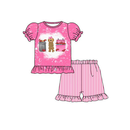 ( Moq 5 ) Preorder Baby Girls Kids Dog Crawfish Shirt Pink Stripes Shorts Set Summer Clothes