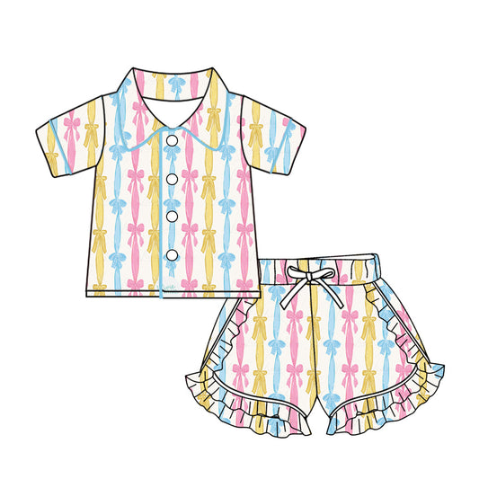 Baby Girl Short Sleeves Bows Buttons Short Summer Pajamas Clothes Set Moq 5