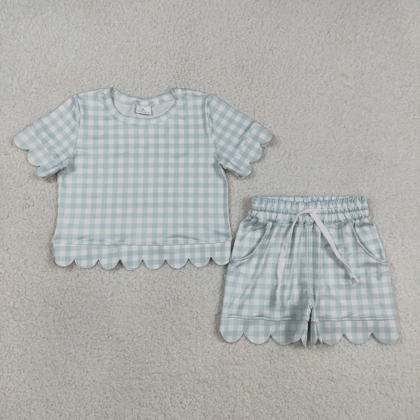 Baby Girls Kids Short Sleeves Plaid Shirt Scallop Shorts Blue Clothes Set RTS