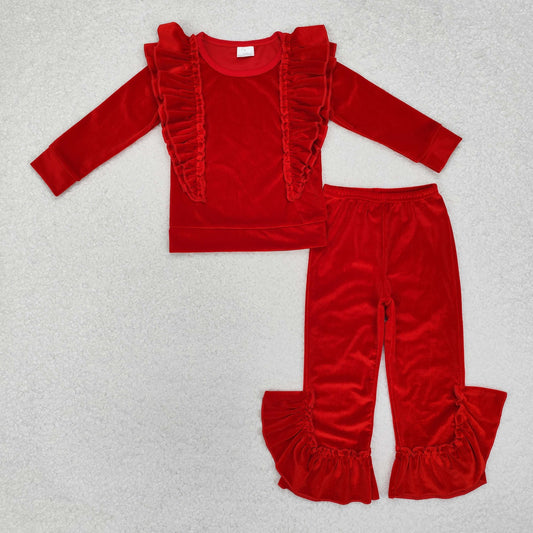 Baby Girl Long Sleeves Red Shirt Velvet Ruffle Pants Clothes Set