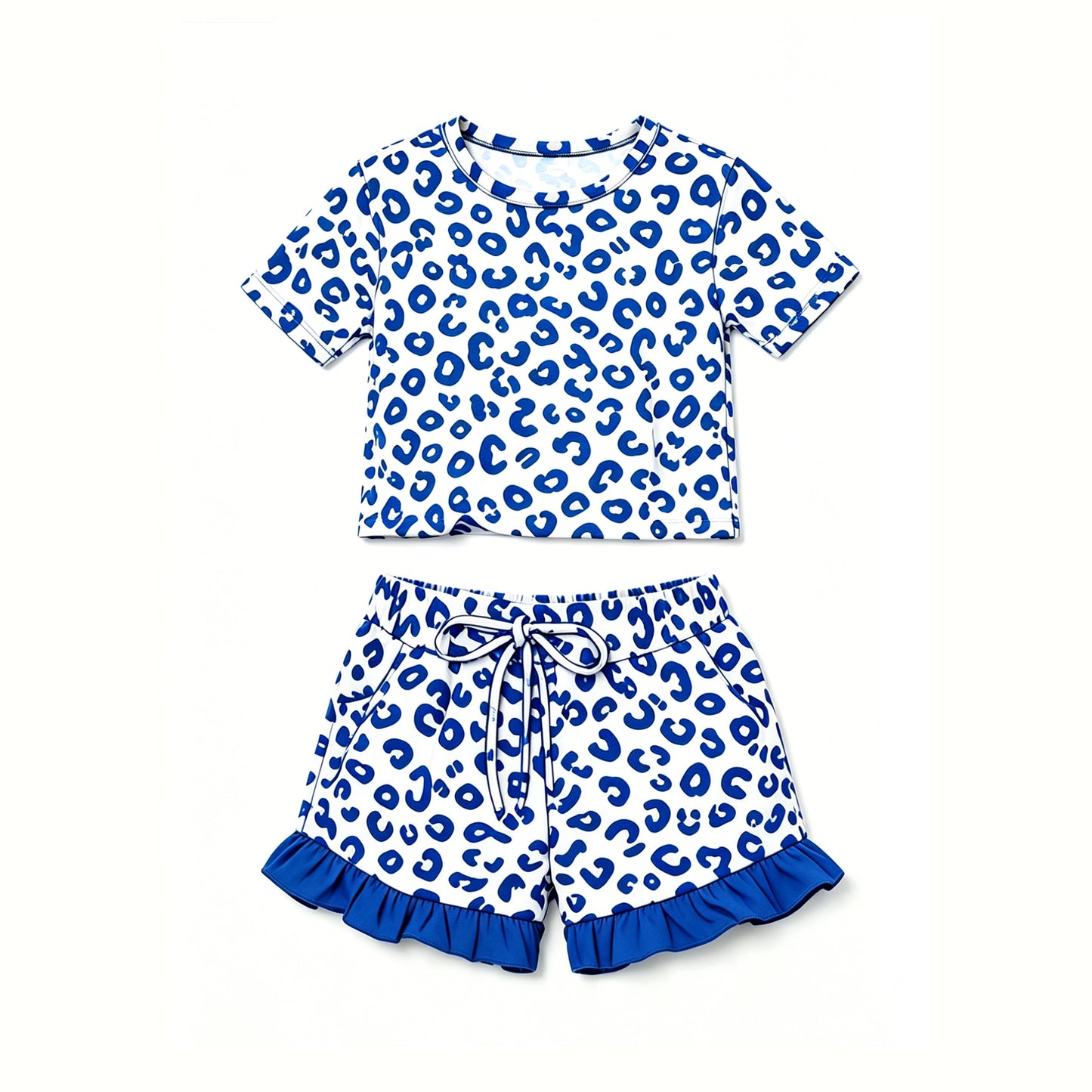 ( Moq 5 ) Preorder Baby Girls Kids Short Sleeves Blue Leopard Shirt Pockets Shorts Summer Set Clothes