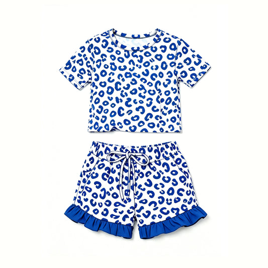 ( Moq 5 ) Preorder Baby Girls Kids Short Sleeves Blue Leopard Shirt Pockets Shorts Summer Set Clothes