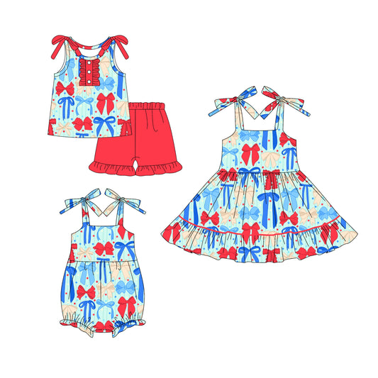 ( Moq 5 Each Style ) Baby Girls Kids Sleeveless Bows Stars Sibling 4th of July Romper Dress Set