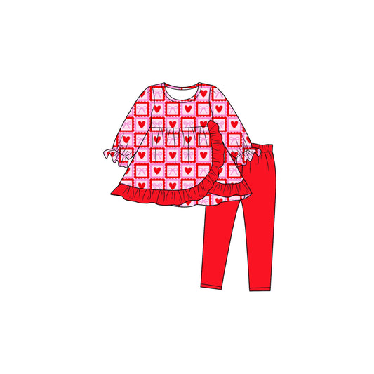 ( Moq 5 ) Preorder Baby Girls Kids Long Sleeves Hearts Bows Ruffle Tunic Pants Set Valentine Clothes