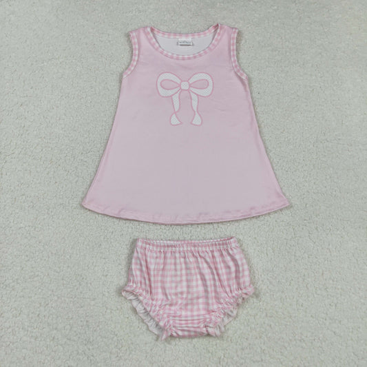 Baby Girl Bow Pink Tops Plaid Shorts Summer Bummie Set  RTS