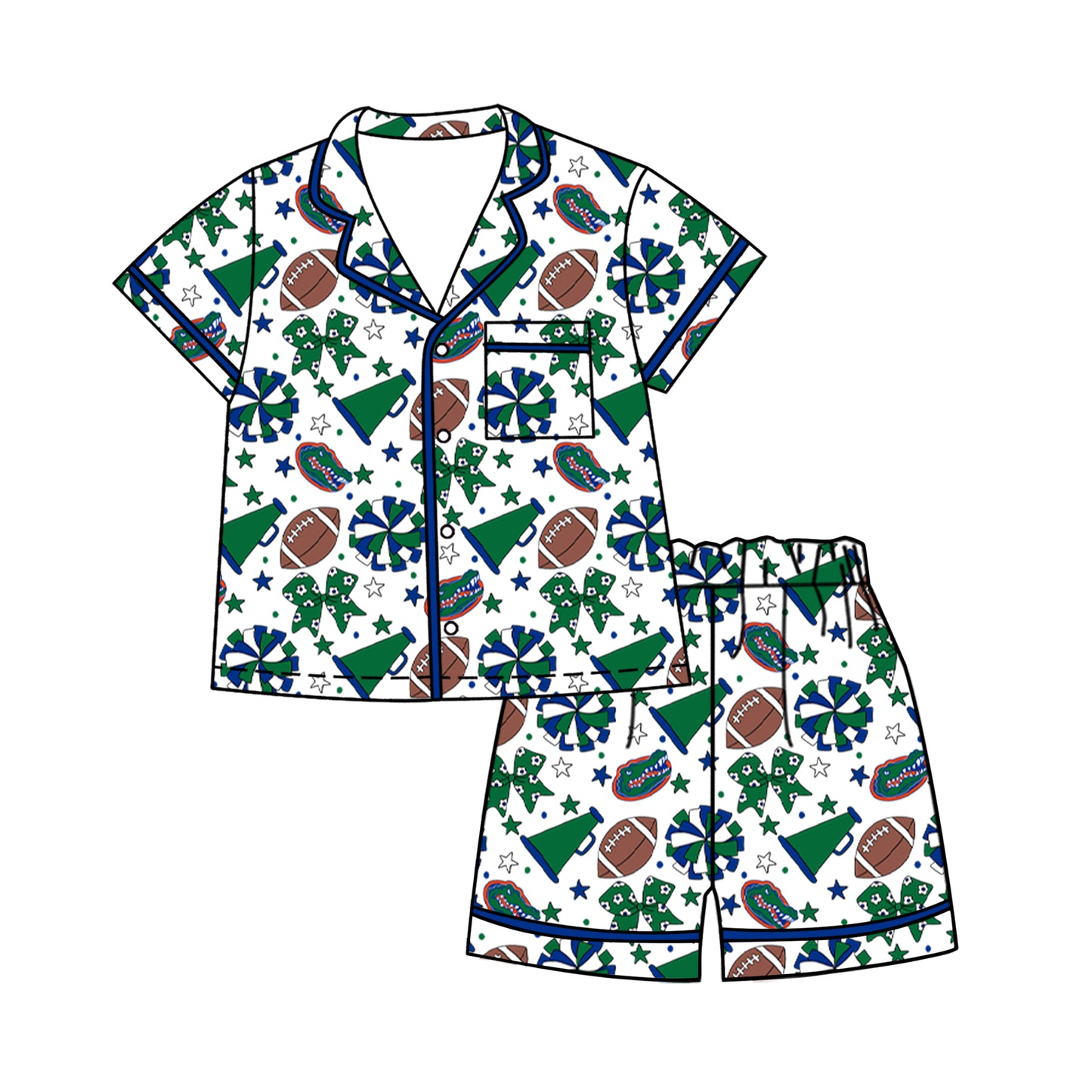 ( Moq 5 ) Baby Girls Kids Short Sleeves Green Bows Cheer Football Shirt Shorts Pajamas Set