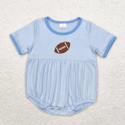 Baby Boy Embroidery Football Short Sleeves Bubble Blue Romper