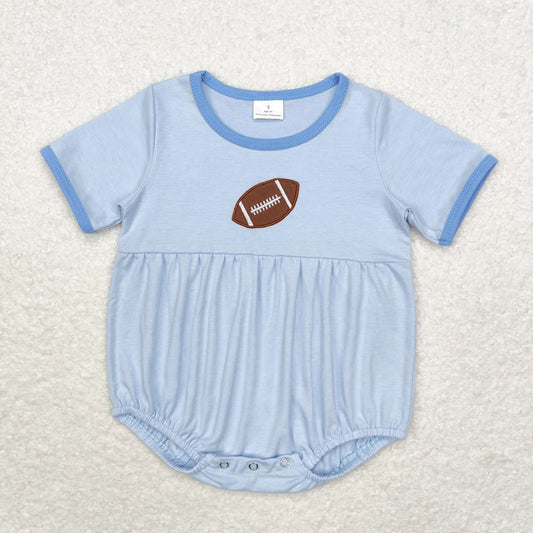 Baby Boy Embroidery Football Short Sleeves Bubble Blue Romper