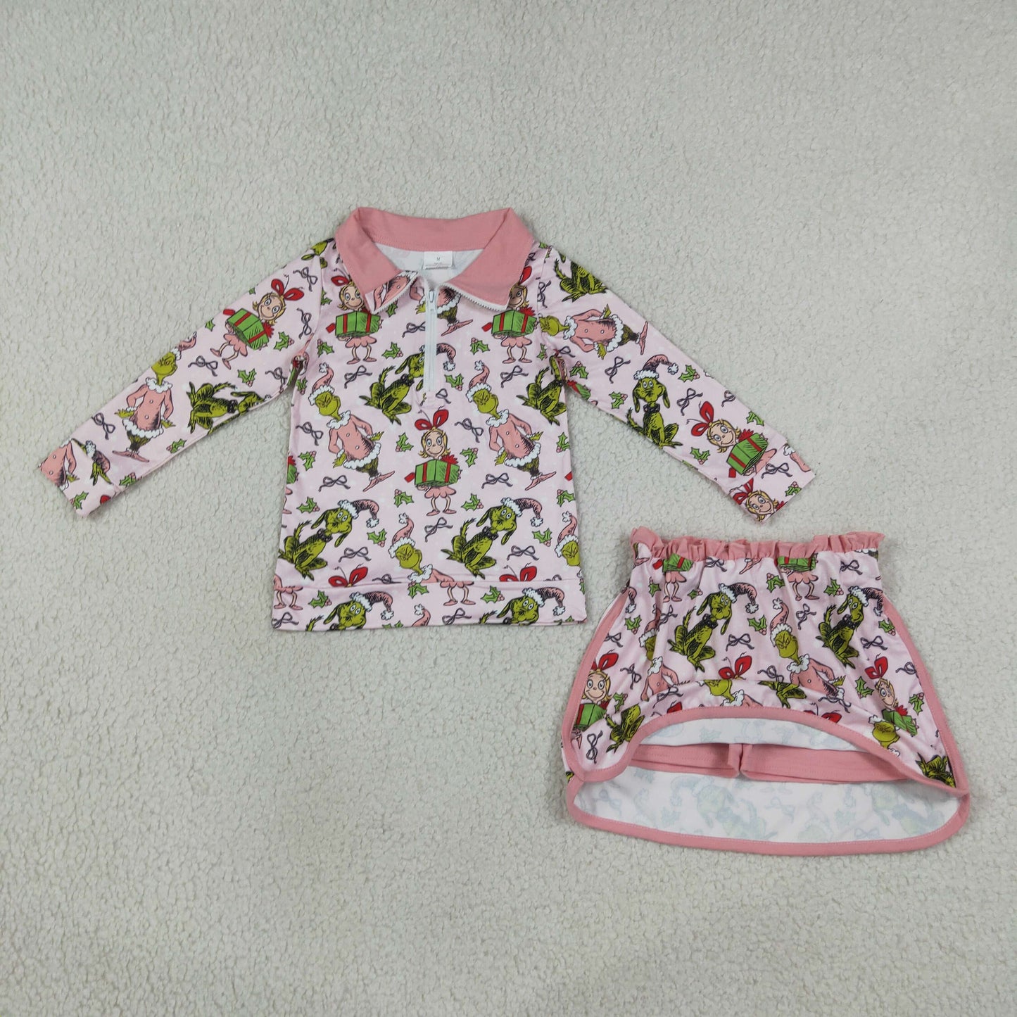 Baby Girls Kids Christmas Face Zipper Pullover Skirt Shorts Pink Set Clothes RTS