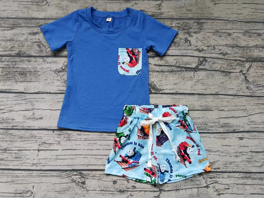 Moq 5 Baby Boy Short Sleeves Blue Shirt Cartoon Shorts Set