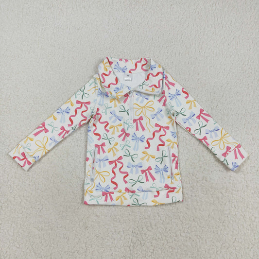 Baby Girl Long Sleeves Colorful Bows Pockets Zipper Yoga Active Pullover Shirt RTS