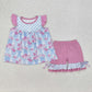 Baby Girl Short Sleeves Plaid Flower Bows Tunic Ruffle Shorts Clothes Set RTS