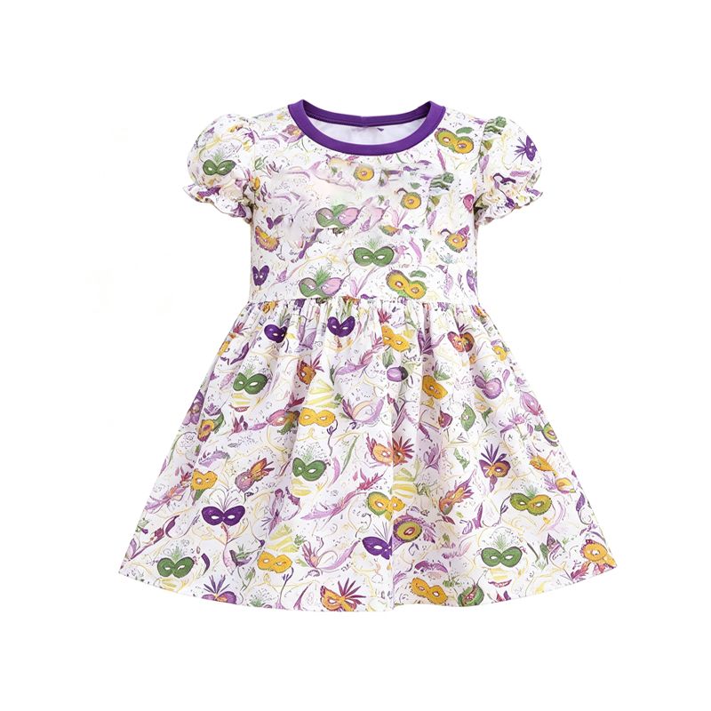 ( Moq 5 ) Preorder Baby Girls Kids Short Sleeves Masks Mardi Gras Knee Length Dress Clothes