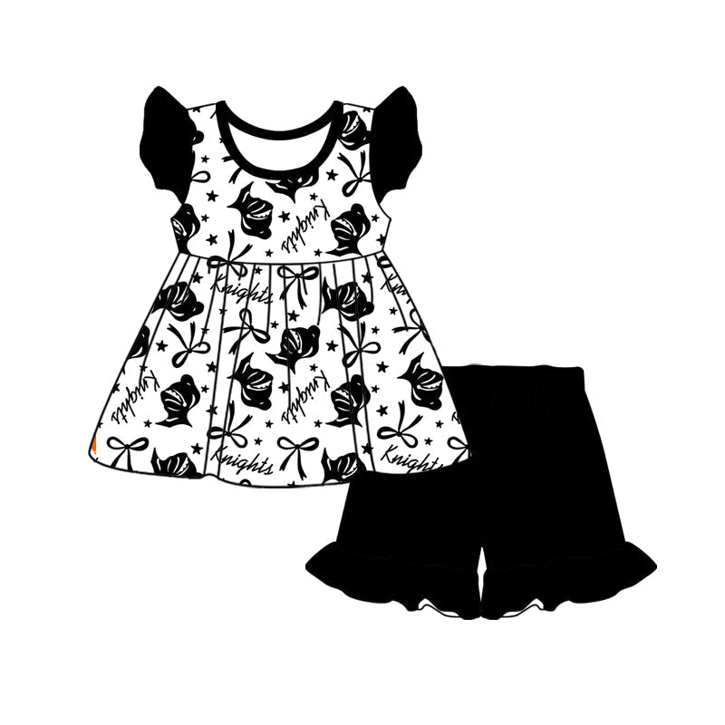 Baby Girl Short Sleeves Black Bows Team Tunic Shorts Set ( Moq 5 )