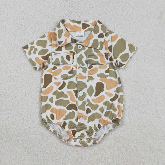 Baby Boys Short Sleeves Orange Green Camo Pockets Buttons Romper RTS