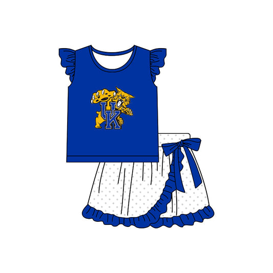 Baby Girl Blue Short Sleeves Tiger Shirt Team Ruffle Skirt Clothes Set Moq 5