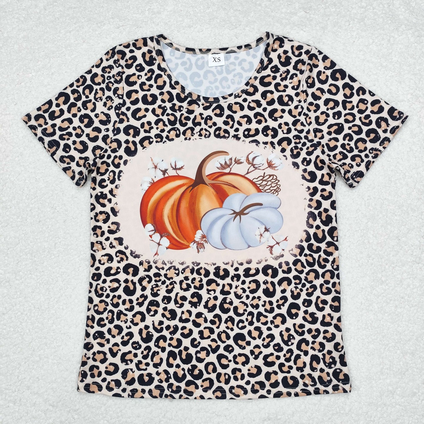 Adult Women Short Sleeves Leopard Pumpkin Fall Shirt Tops