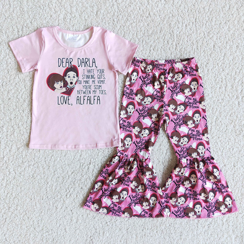 Promotion Baby Girl Short Sleeves Pink Shirt Hearts Bell Pants Set