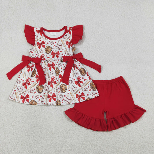 Baby Girl Short Sleeves Baseball Bows Tunic Red Shorts Girls Clothes Set RTS