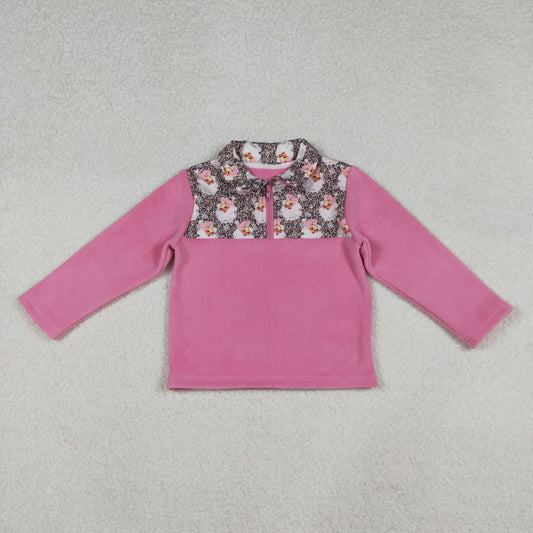 Baby Girl Pink Long Sleeves Santa Leopard Christmas Zipper Fleece Pullover Shirt RTS