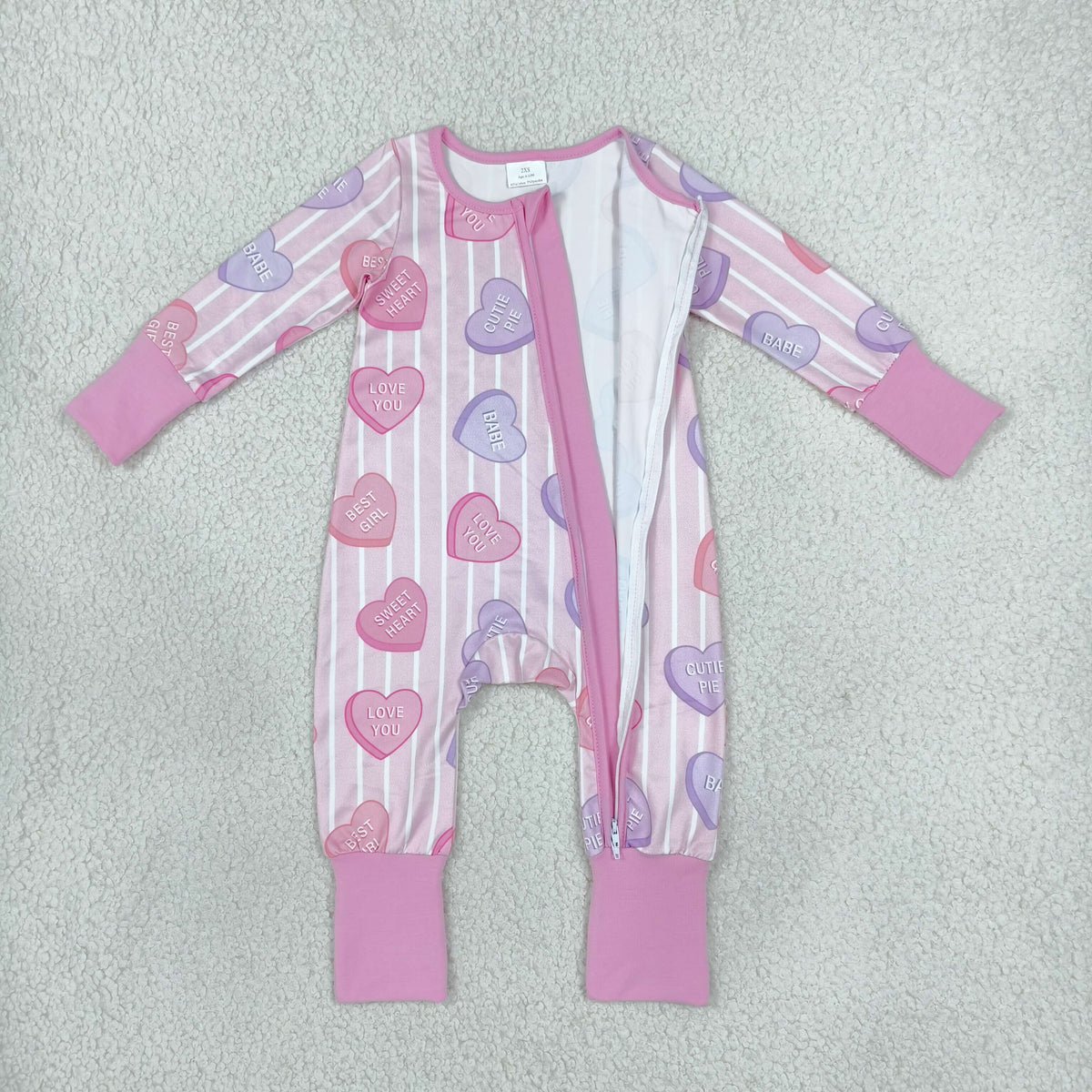Sibling Baby Boys Girls Kids Long Sleeves Valentine Hearts Stripes Zipper Rompers Set Clothes RTS