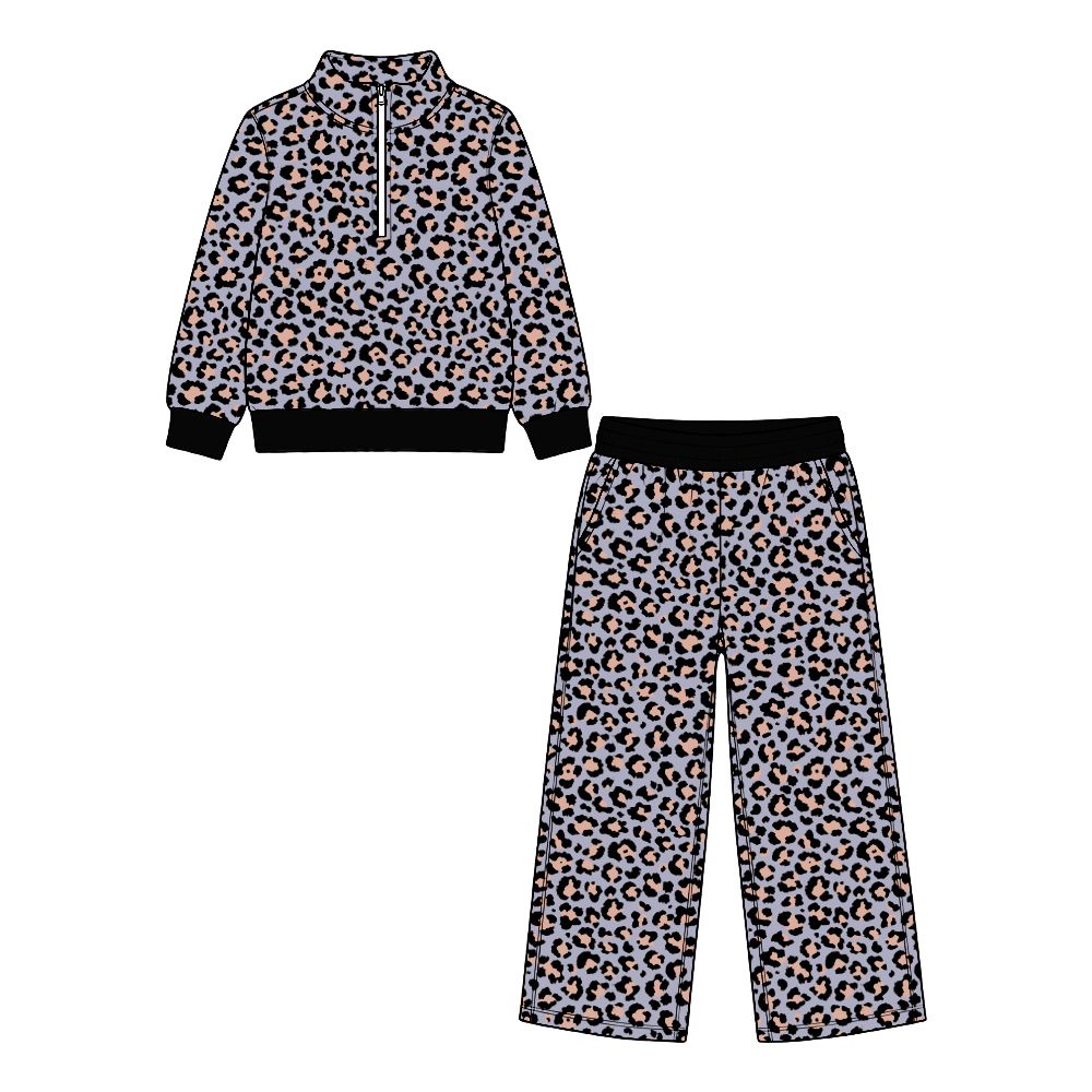 ( Moq 5 ) Preorder Baby Girls Kids Long Sleeves Zipper Pullover Shirt Pockets Pants Leopard Set Clothes