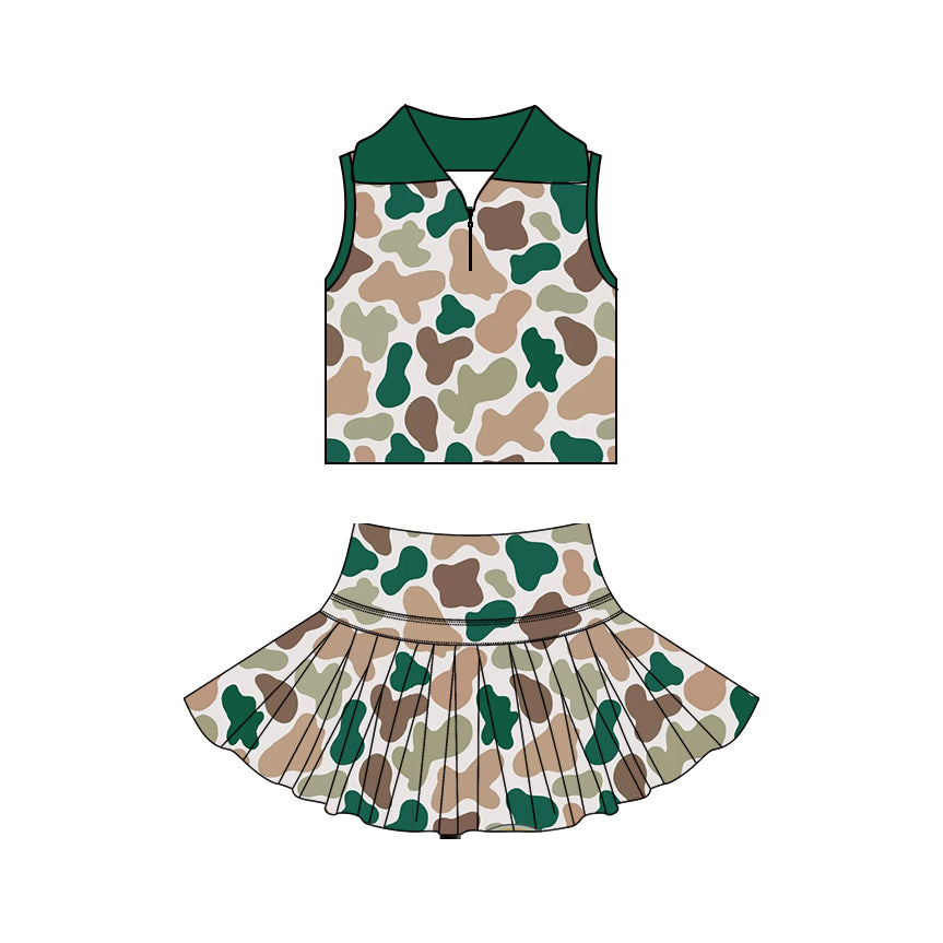 ( Moq 5 ) Preorder Baby Girls Kids Sleeveless Zipper Camo Shirt Skirt Shorts Yoga Green Set