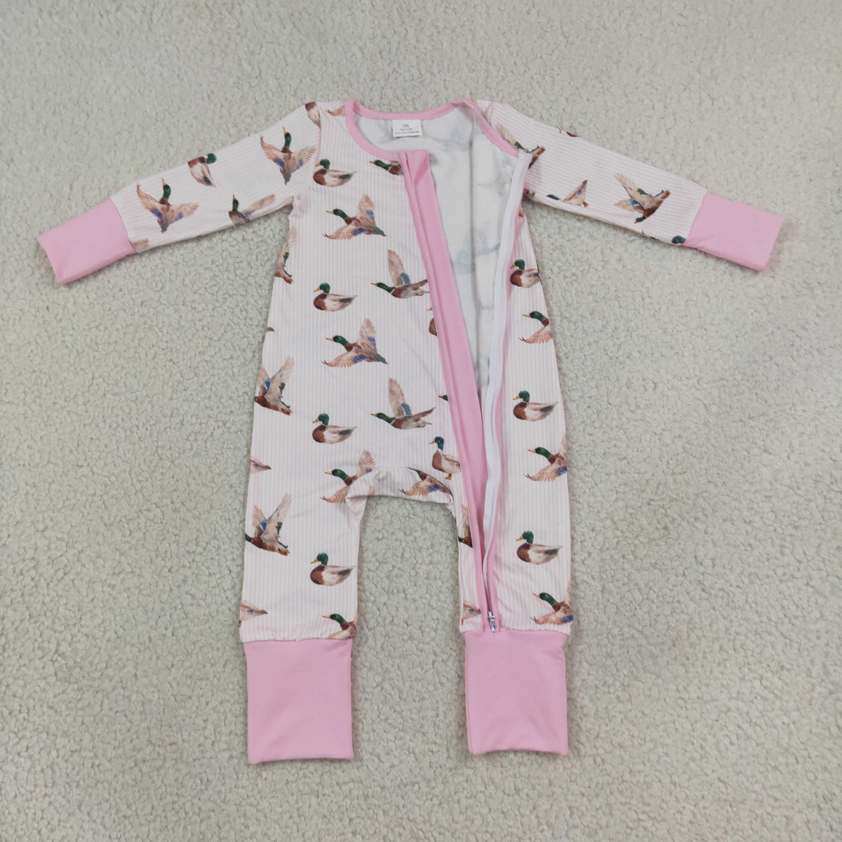 Baby Kids Infant Long Sleeves Ducks Pink Stripes Zipper Footie Sleeper Romper Clothes RTS