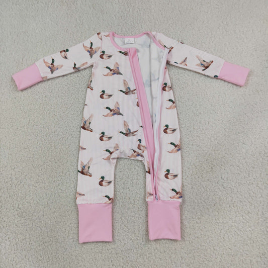 Baby Kids Infant Long Sleeves Ducks Pink Stripes Zipper Footie Sleeper Romper Clothes RTS
