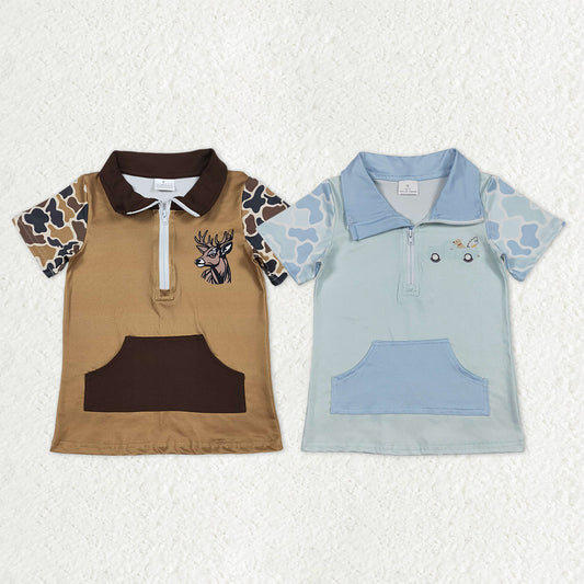 Sibling Baby Boys Short Sleeves Deer Dogs Southern Camo Zipper Pockets Hunting Pullover Shirts RTS