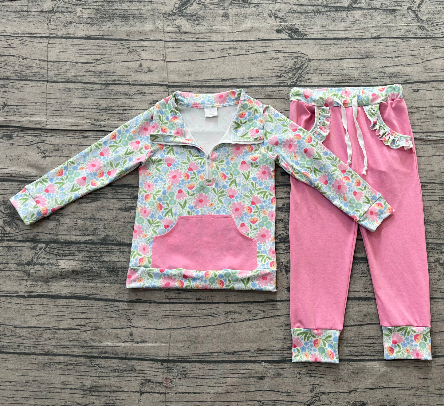 Baby Girls Kids Long Sleeves Flower Zipper Shirt Pockets Pink Pants Clothes Set RTS