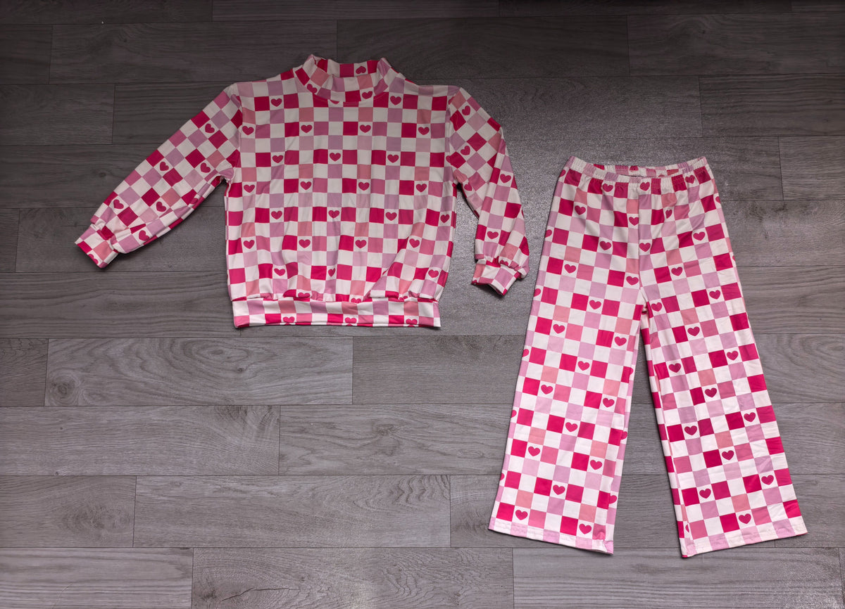 ( No moq ) Preorder Baby Girls Kids Long Sleeves Hearts Checked Shirt Pants Set Valentine Clothes