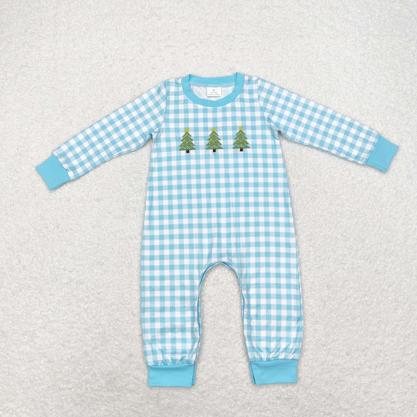 Baby Boy Long Sleeves Embroidery Christmas Tree Blue Checkered Romper