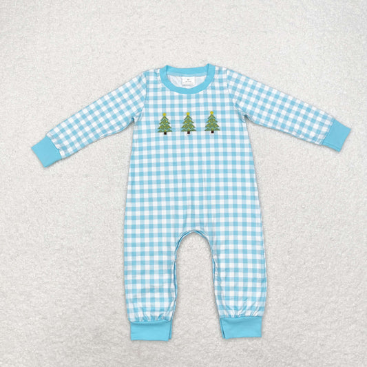 Baby Boy Long Sleeves Embroidery Christmas Tree Blue Checkered Romper